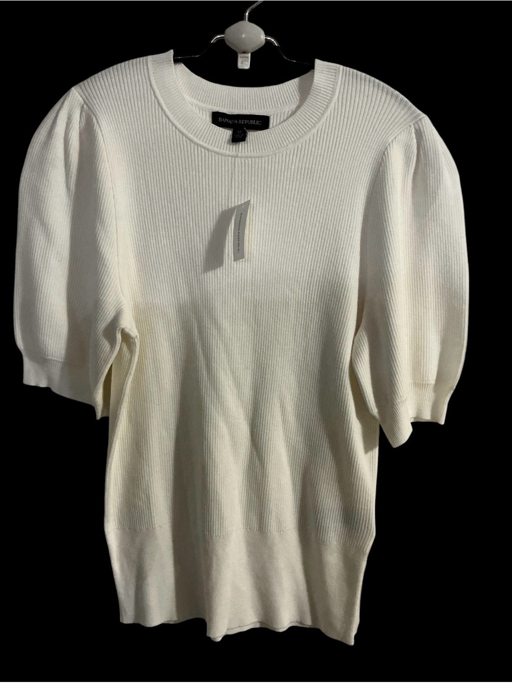 Banana Republic woman off white Ribbed Short-Sleeve Crewneck Sweater blouse - Picture 3 of 9